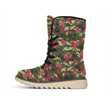 Red Rose Flower Camouflage Print Winter Boots