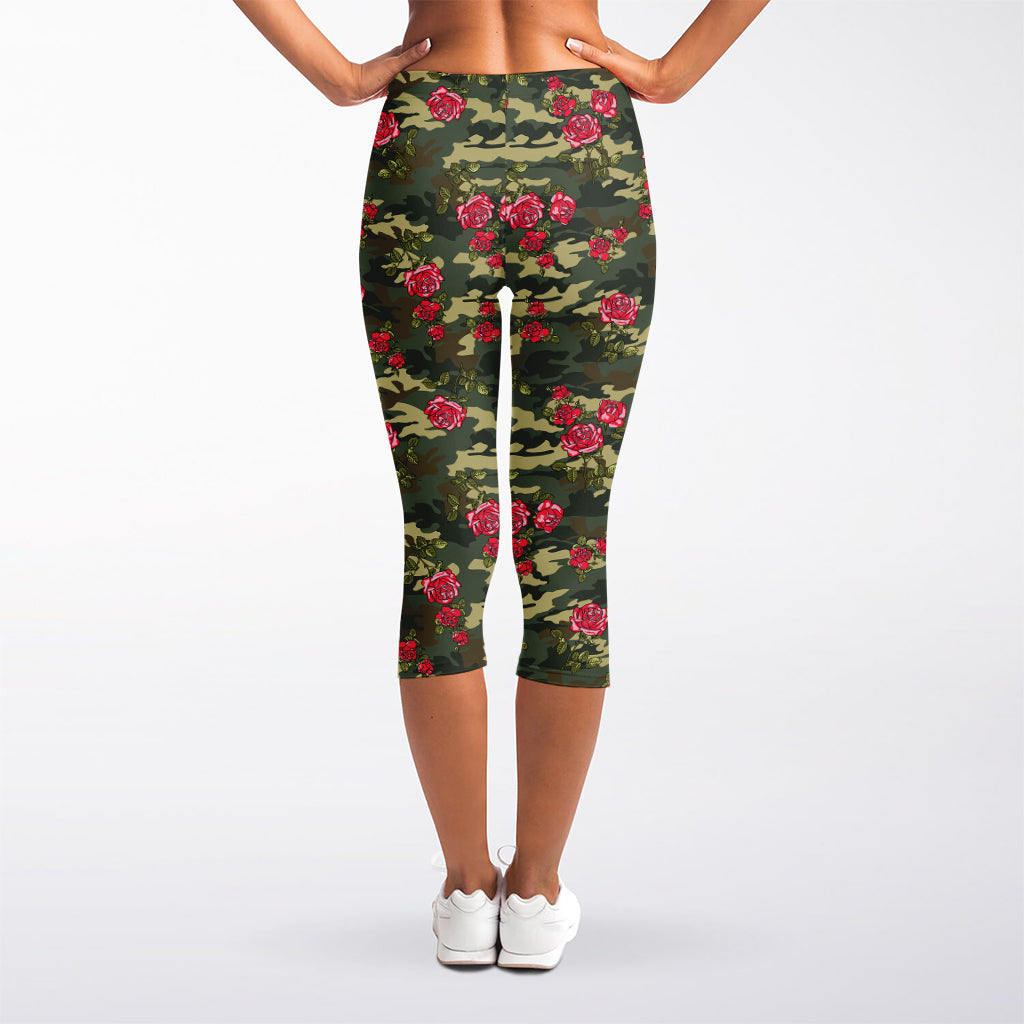 Red Rose Flower Camouflage Print Women's Capri Leggings