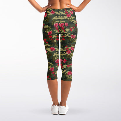 Red Rose Flower Camouflage Print Women's Capri Leggings
