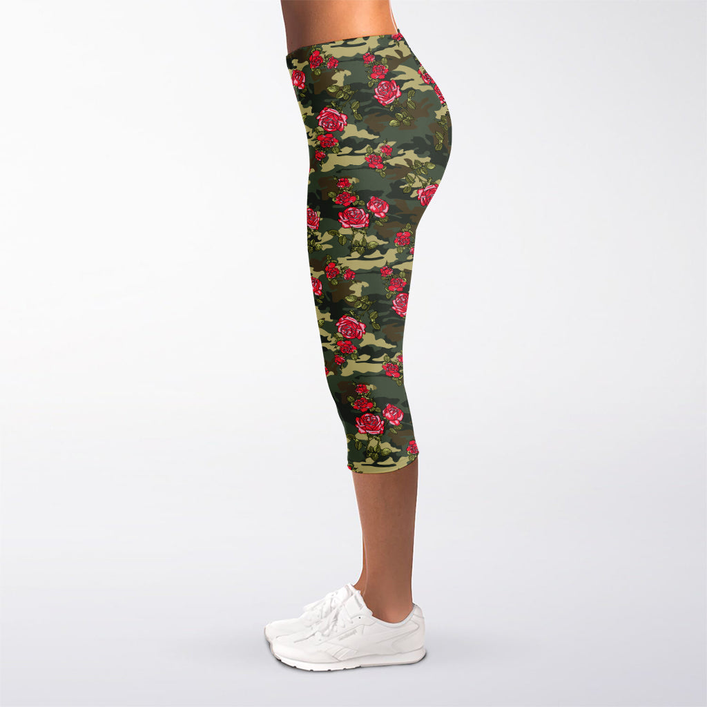 Red Rose Flower Camouflage Print Women's Capri Leggings
