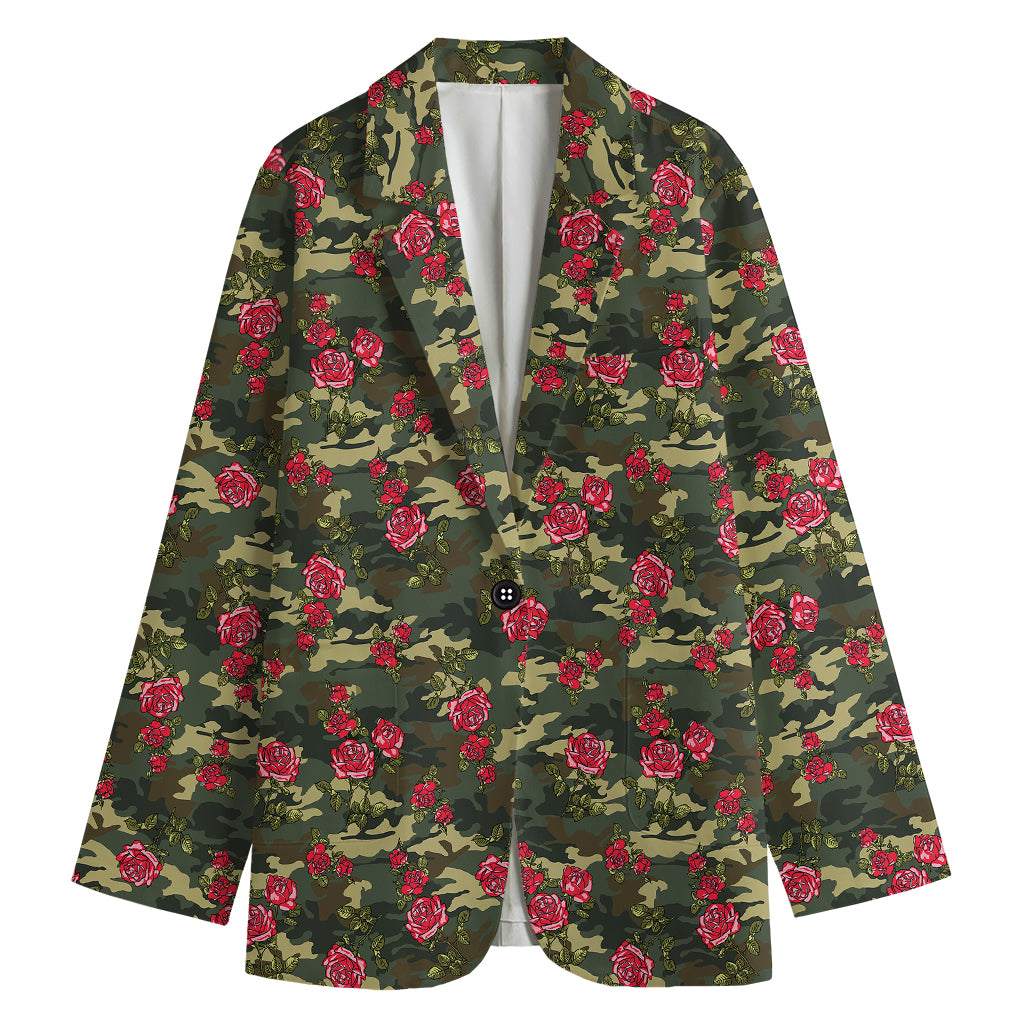 Red Rose Flower Camouflage Print Women's Cotton Blazer