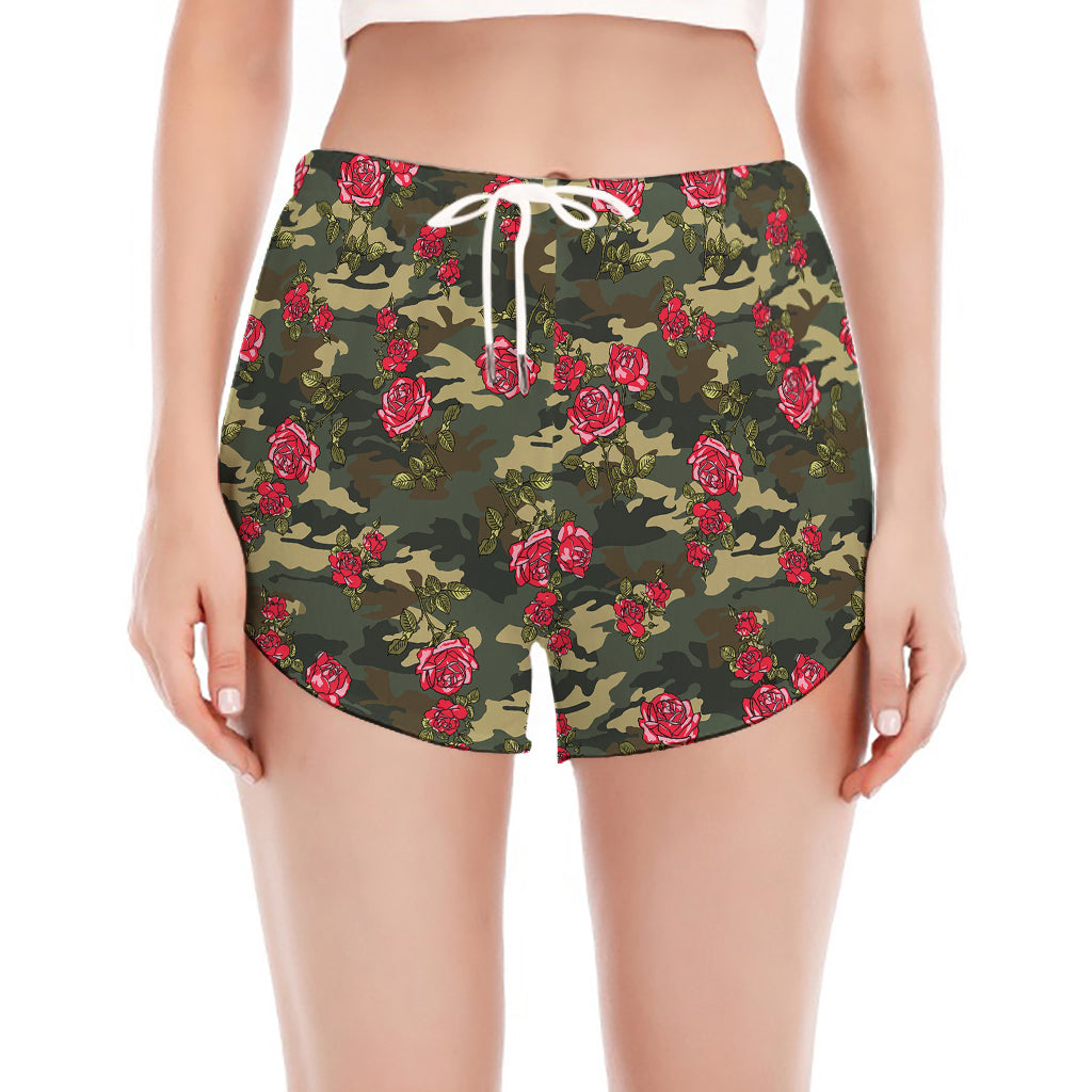 Red Rose Flower Camouflage Print Women's Split Running Shorts