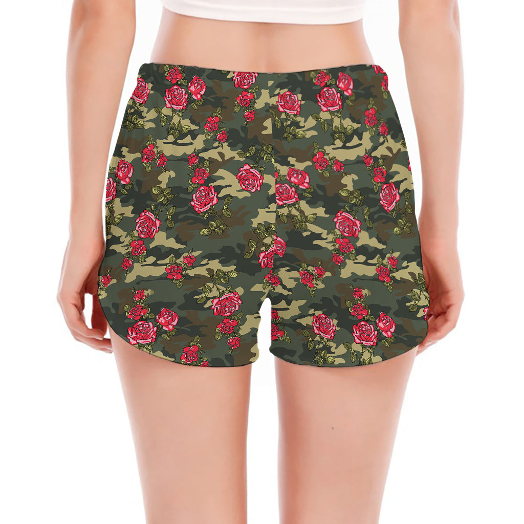 Red Rose Flower Camouflage Print Women's Split Running Shorts
