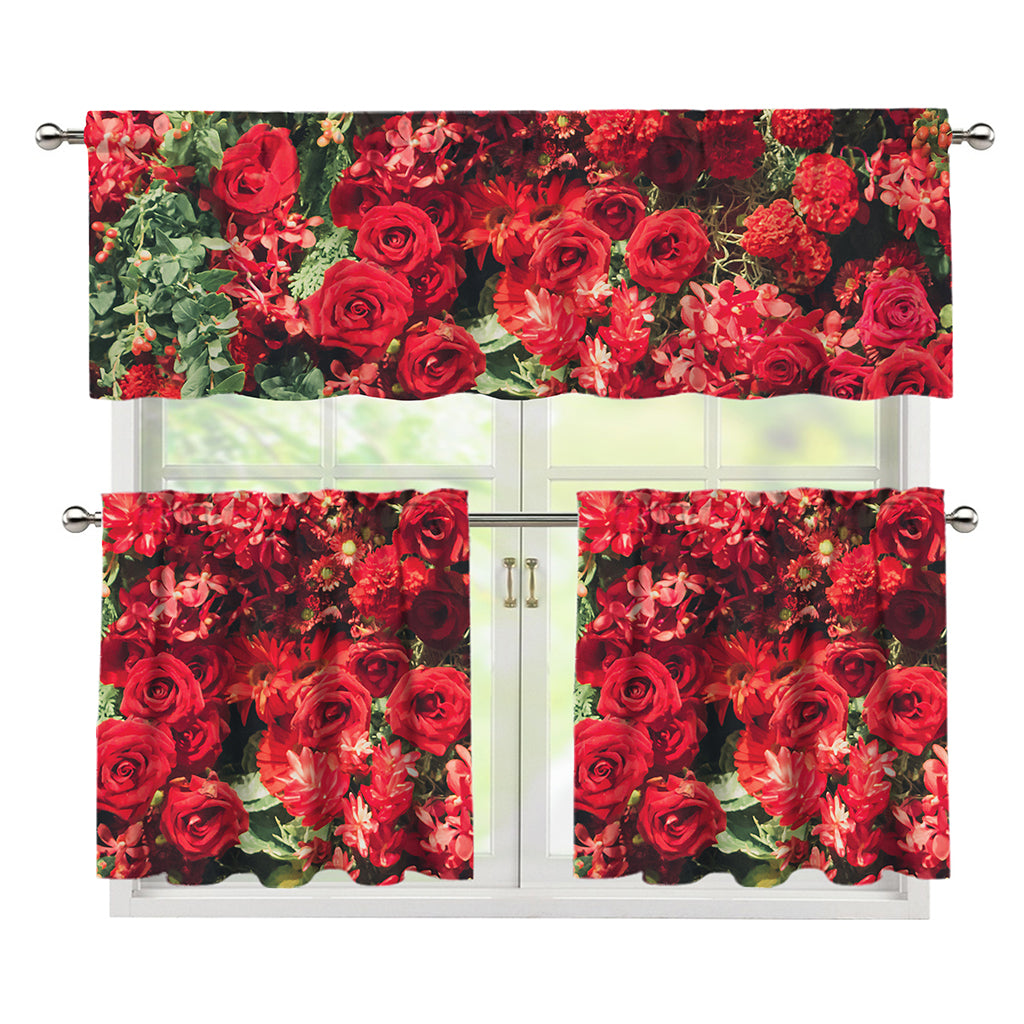 Red Rose Flower Print 3 Piece Kitchen Curtains