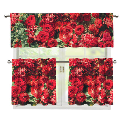Red Rose Flower Print 3 Piece Kitchen Curtains