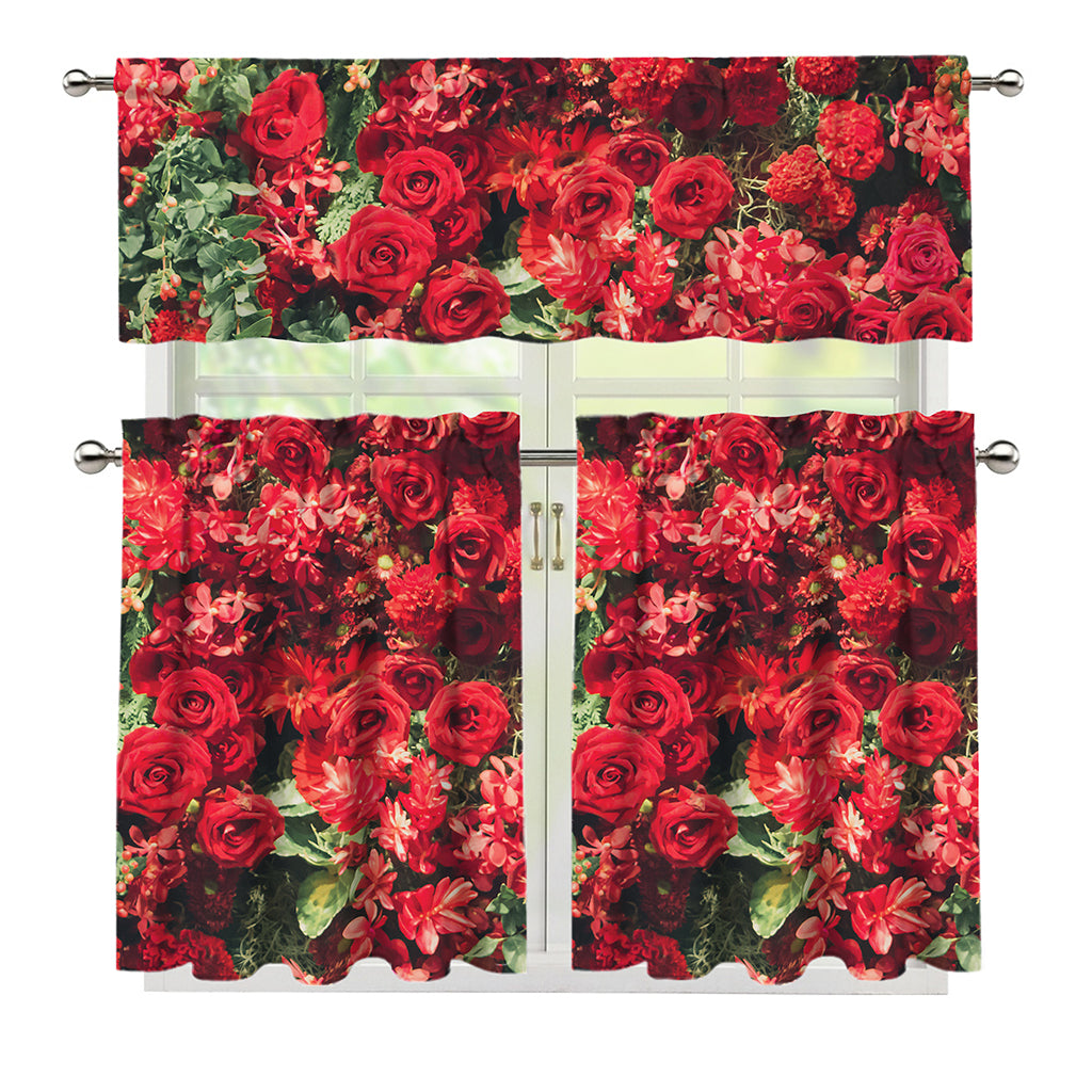 Red Rose Flower Print 3 Piece Kitchen Curtains