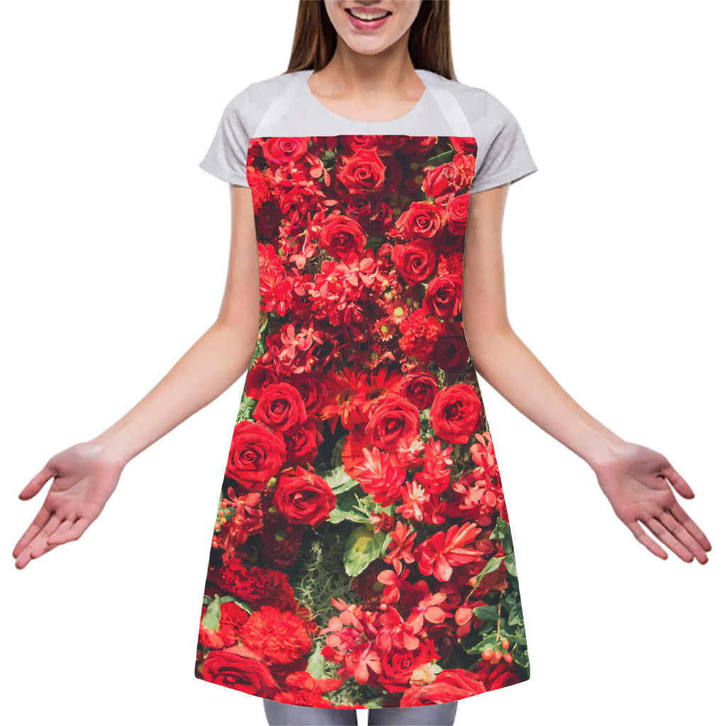Red Rose Flower Print Adjustable Apron