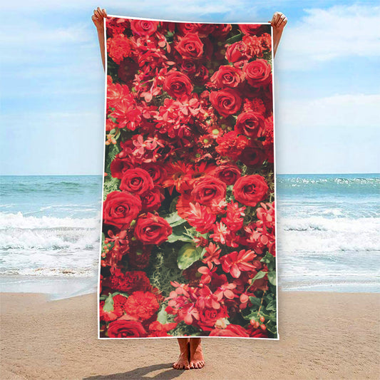 Red Rose Flower Print Beach Towel