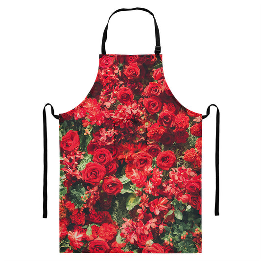 Red Rose Flower Print Bib Apron With Pocket