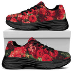 Red Rose Flower Print Black Chunky Shoes