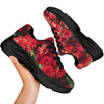 Red Rose Flower Print Black Chunky Shoes