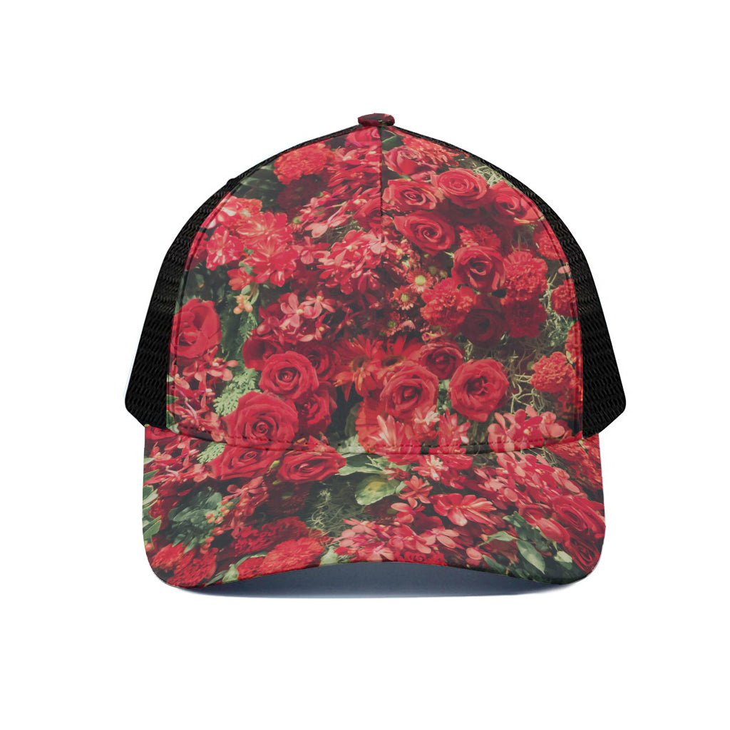 Red Rose Flower Print Black Mesh Trucker Cap