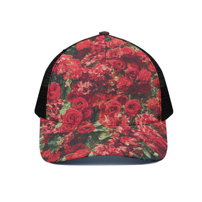 Red Rose Flower Print Black Mesh Trucker Cap