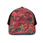 Red Rose Flower Print Black Mesh Trucker Cap