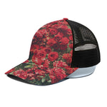 Red Rose Flower Print Black Mesh Trucker Cap