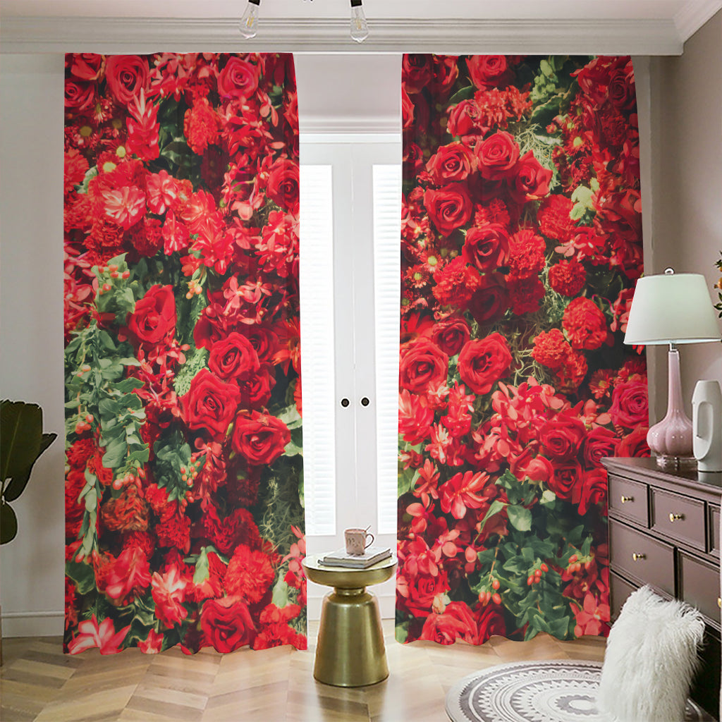 Red Rose Flower Print Blackout Pencil Pleat Curtains