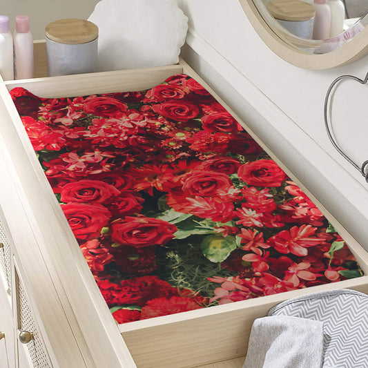 Red Rose Flower Print Changing Pad Cover