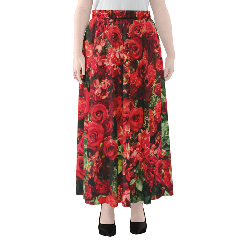 Red Rose Flower Print Chiffon Maxi Skirt