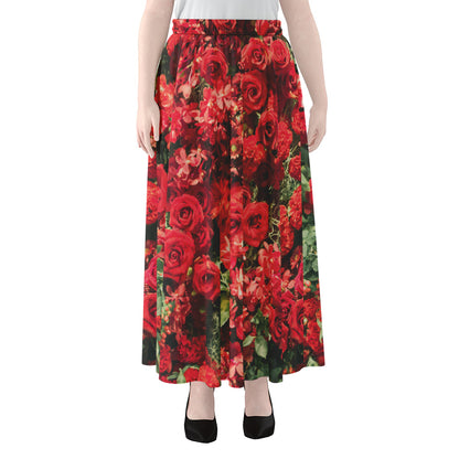 Red Rose Flower Print Chiffon Maxi Skirt