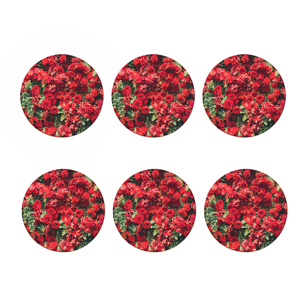 Red Rose Flower Print Coaster Set