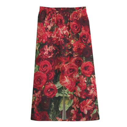 Red Rose Flower Print Cotton Front Slit Maxi Skirt