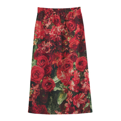Red Rose Flower Print Cotton Front Slit Maxi Skirt