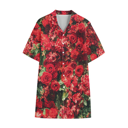 Red Rose Flower Print Cotton Hawaiian Shirt