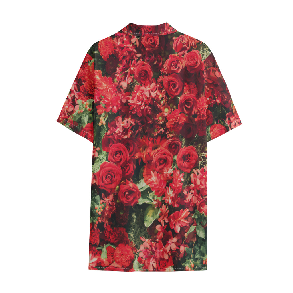 Red Rose Flower Print Cotton Hawaiian Shirt
