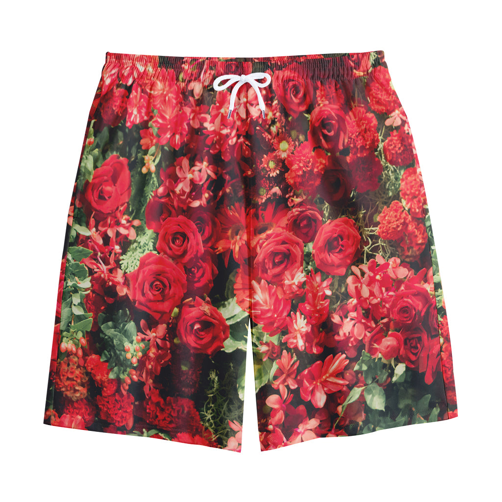 Red Rose Flower Print Cotton Shorts