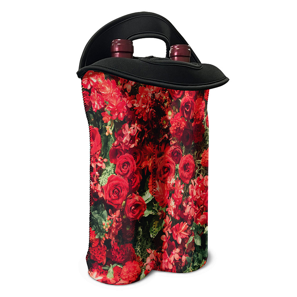 Red Rose Flower Print Double Neoprene Wine Tote