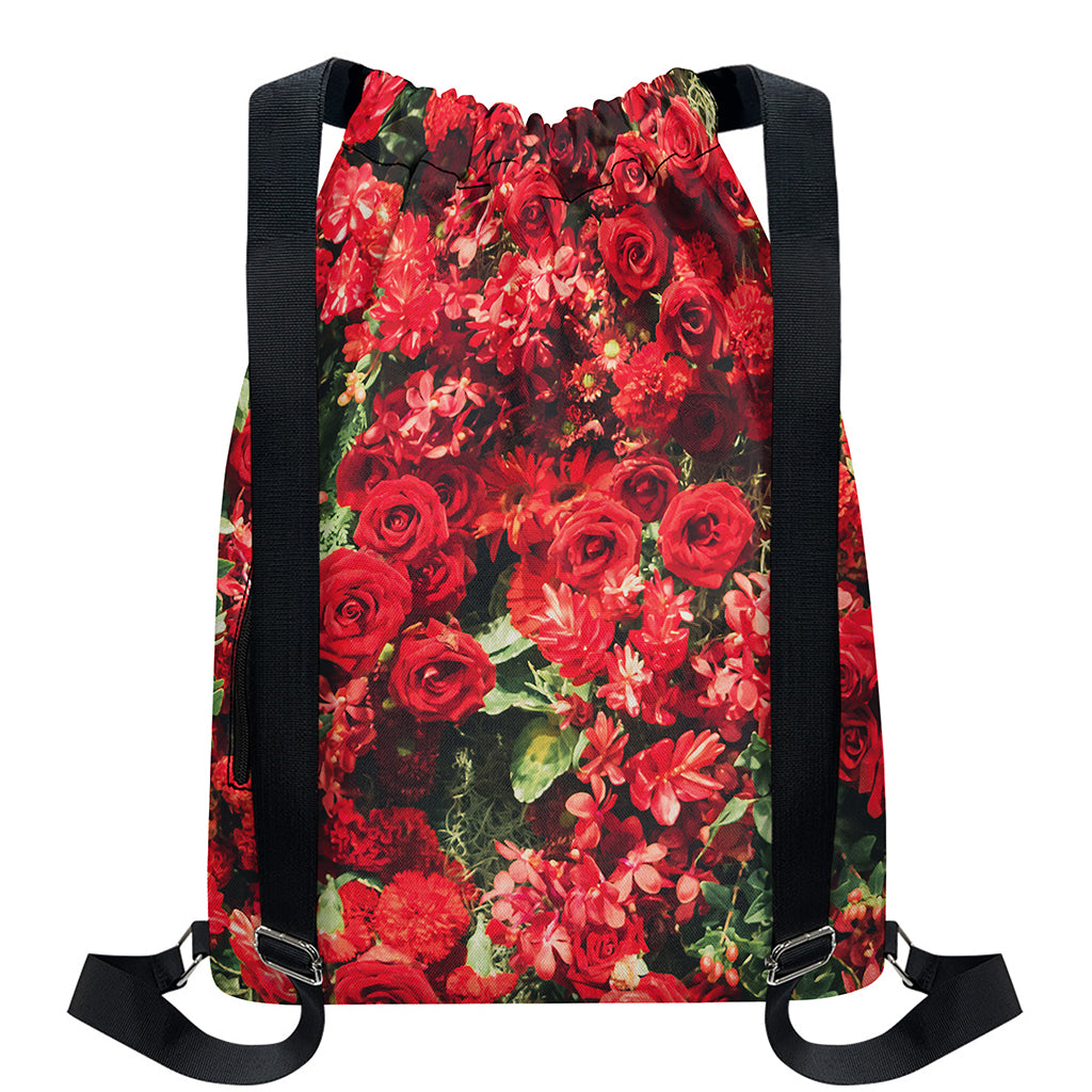 Red Rose Flower Print Drawstring Backpack
