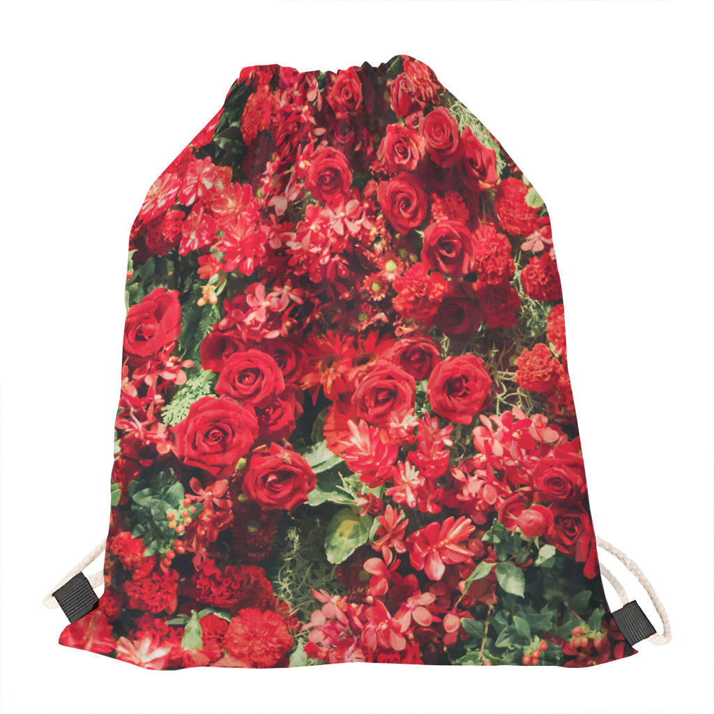 Red Rose Flower Print Drawstring Bag
