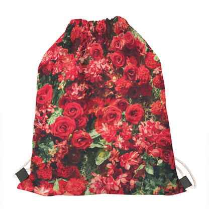Red Rose Flower Print Drawstring Bag