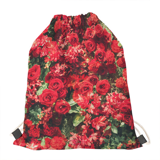 Red Rose Flower Print Drawstring Bag