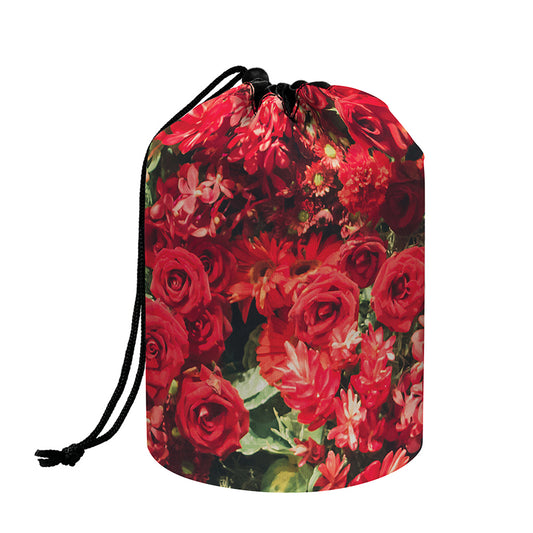 Red Rose Flower Print Drawstring Makeup Bag