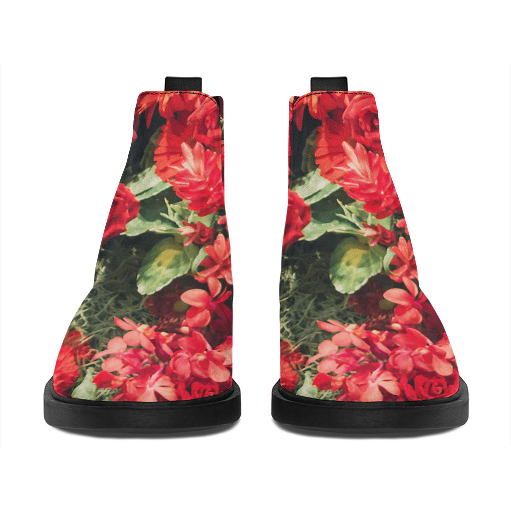 Red Rose Flower Print Flat Ankle Boots