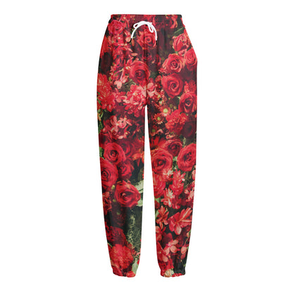 Red Rose Flower Print Fleece Lined Knit Pants