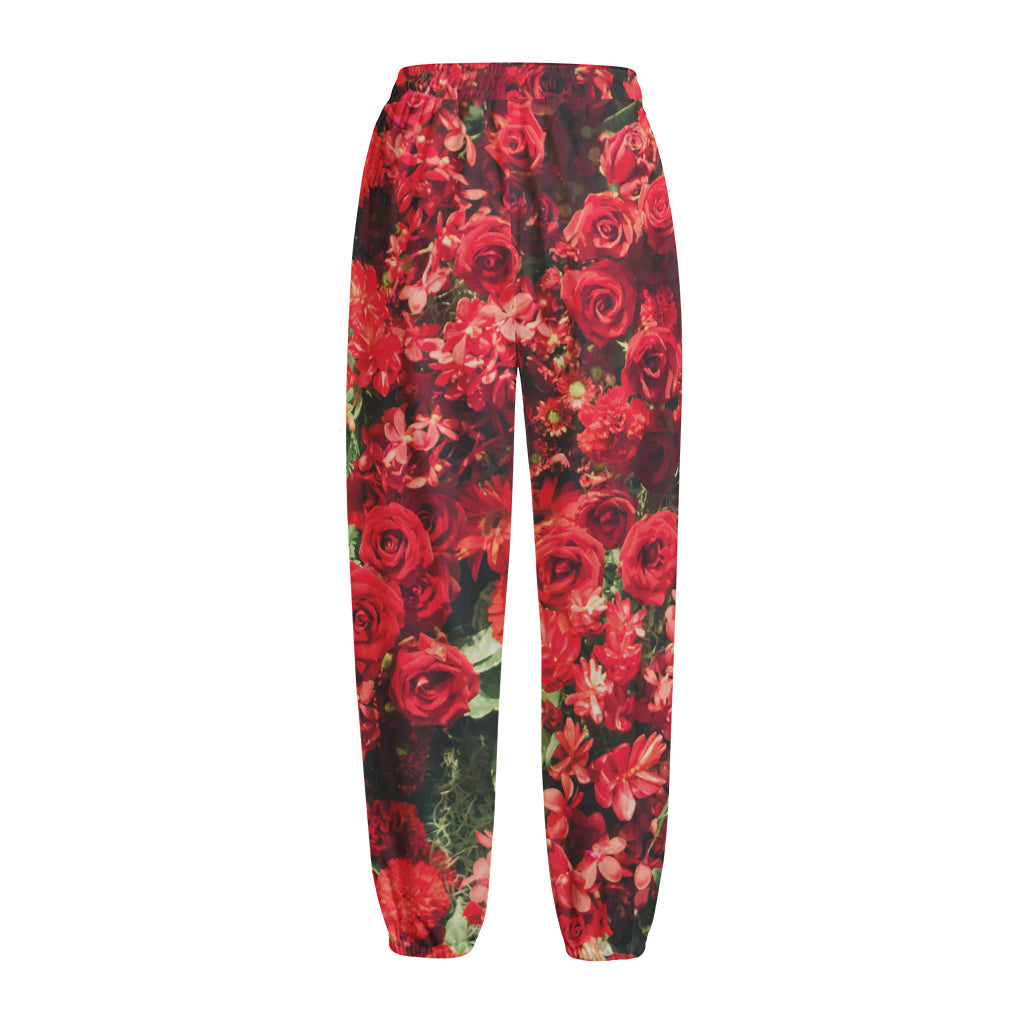 Red Rose Flower Print Fleece Lined Knit Pants