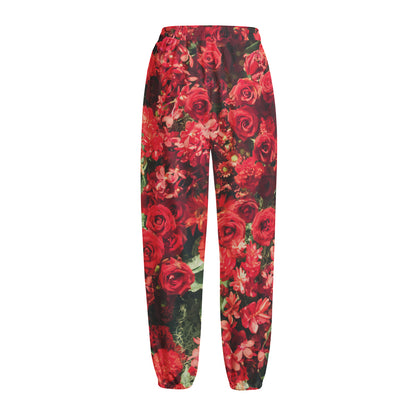 Red Rose Flower Print Fleece Lined Knit Pants