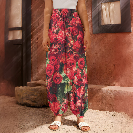 Red Rose Flower Print Harem Pants