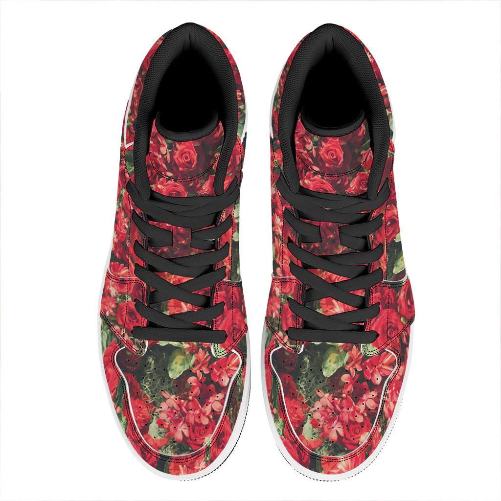Red Rose Flower Print High Top Leather Sneakers
