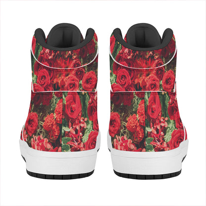 Red Rose Flower Print High Top Leather Sneakers