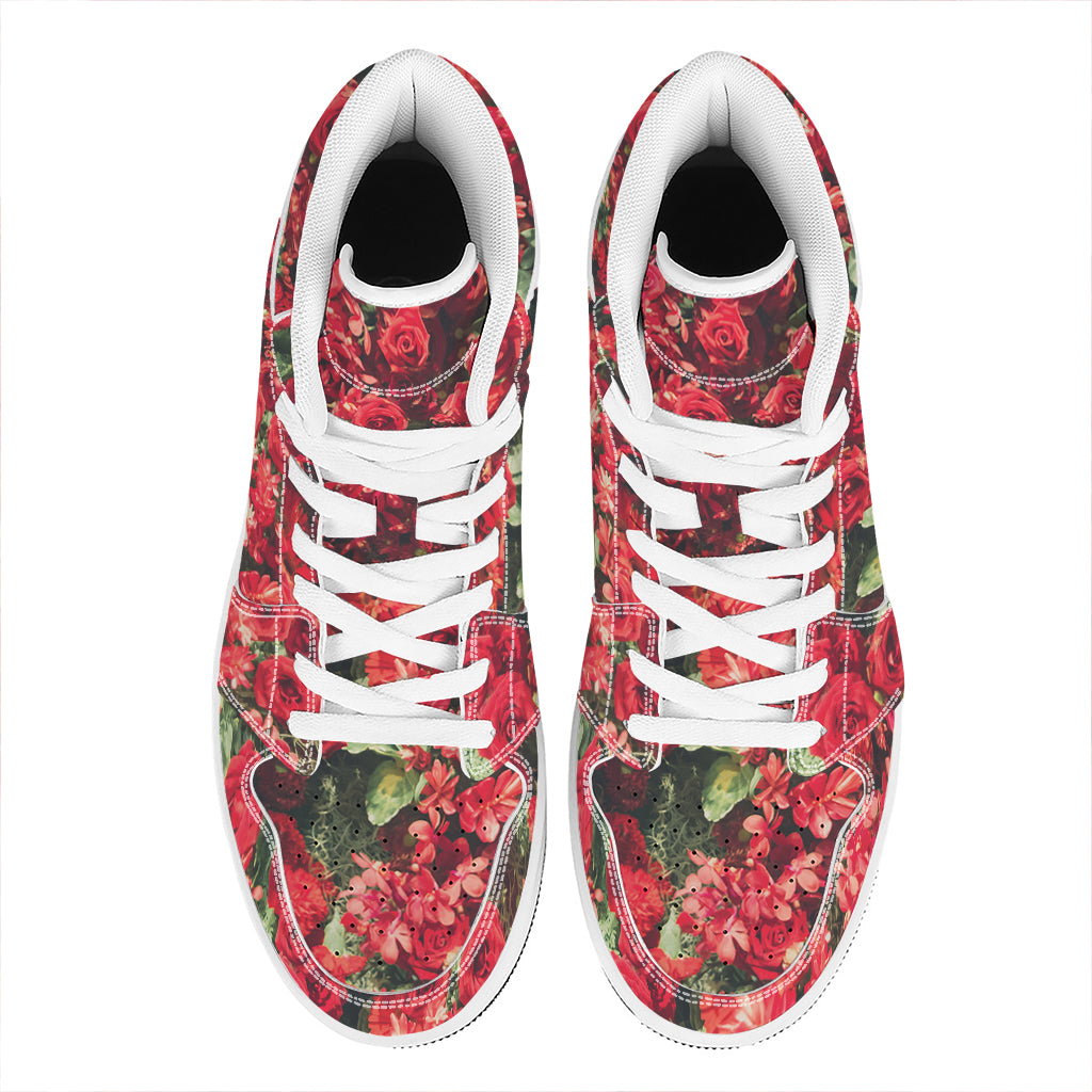 Red Rose Flower Print High Top Leather Sneakers