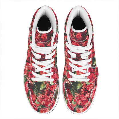 Red Rose Flower Print High Top Leather Sneakers