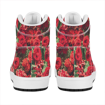 Red Rose Flower Print High Top Leather Sneakers