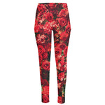 Red Rose Flower Print High-Waisted Pocket Leggings