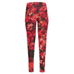 Red Rose Flower Print High-Waisted Pocket Leggings