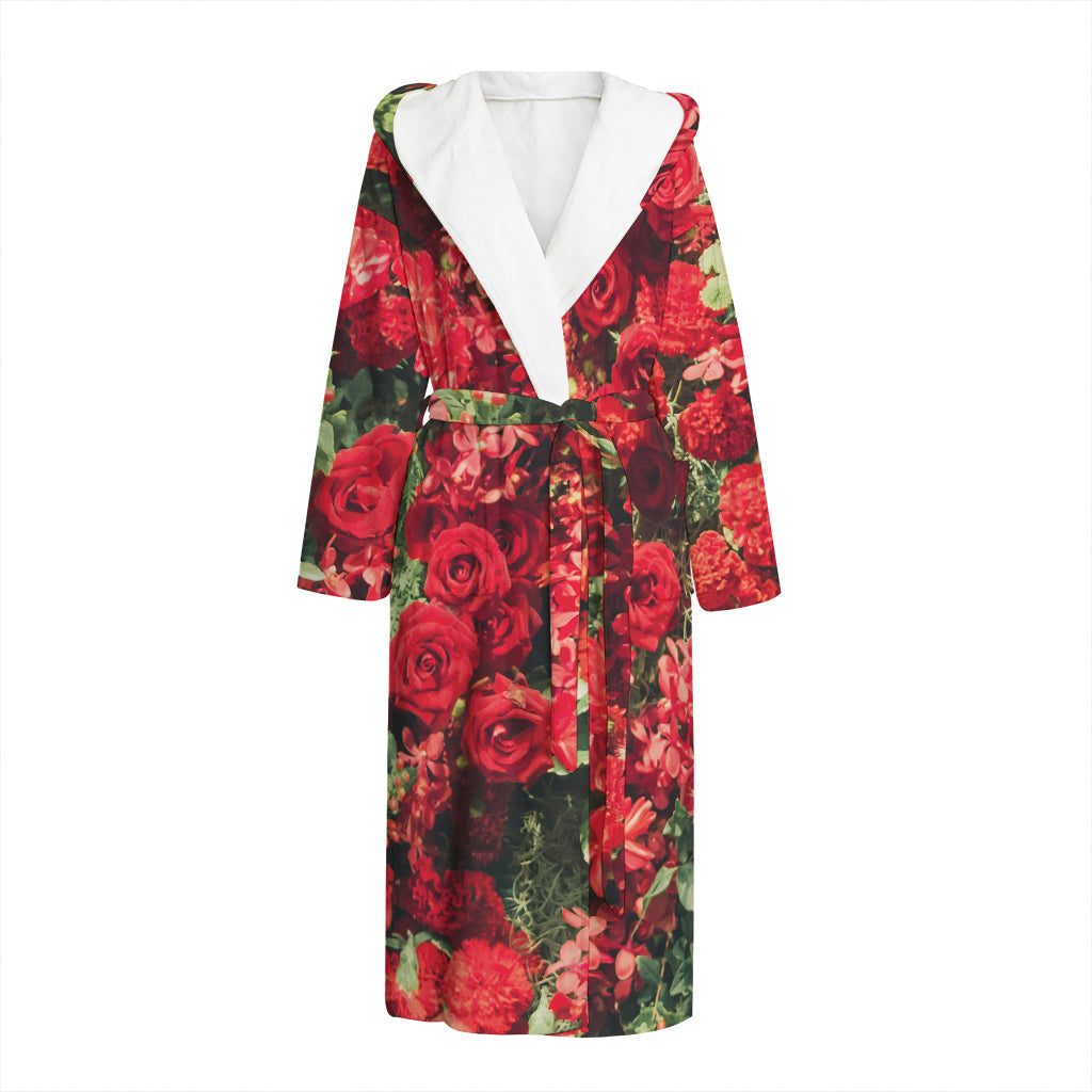 Red Rose Flower Print Hooded Bathrobe