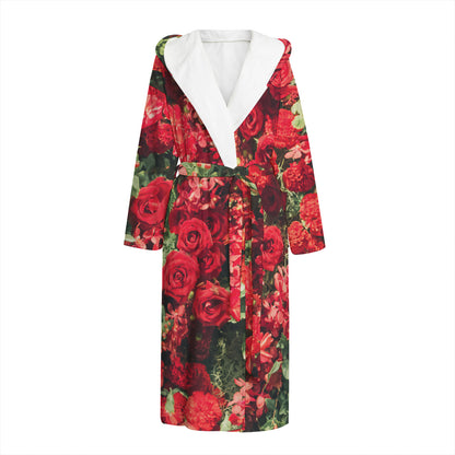 Red Rose Flower Print Hooded Bathrobe