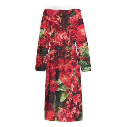 Red Rose Flower Print Hooded Bathrobe